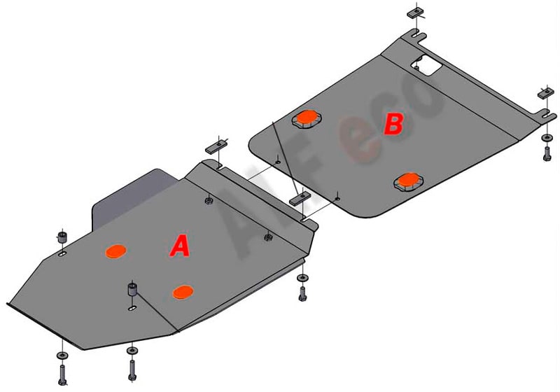 Защита "ALFECO" для картера и КПП Ford ECOSPORT 2014-2018. Артикул: Alf.07.36 St. Защита "Шериф" для картера и КПП Hyundai Santa Fe II 2006-2012. Артикул: 10.0900. Защита поддона картера двигателя Шевроле Трейлблейзер. Защита КПП Шериф (02.3058).